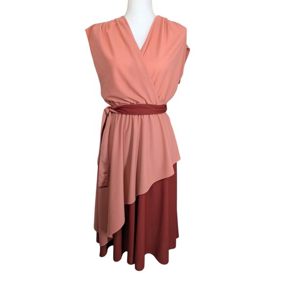 Dresses & Skirts - Vintage Draped Wraped Midi Dress Belted Contrasting Peach Maroon Size 12 Grecian